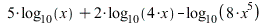 `+`(`*`(5, `*`(log[10](x))), `*`(2, `*`(log[10](`+`(`*`(4, `*`(x)))))), `-`(log[10](`+`(`*`(8, `*`(`^`(x, 5))))))); 